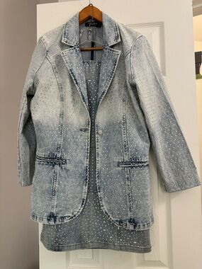 AKIRA SET Light Blue Studded Denim Blazer and strapless dress